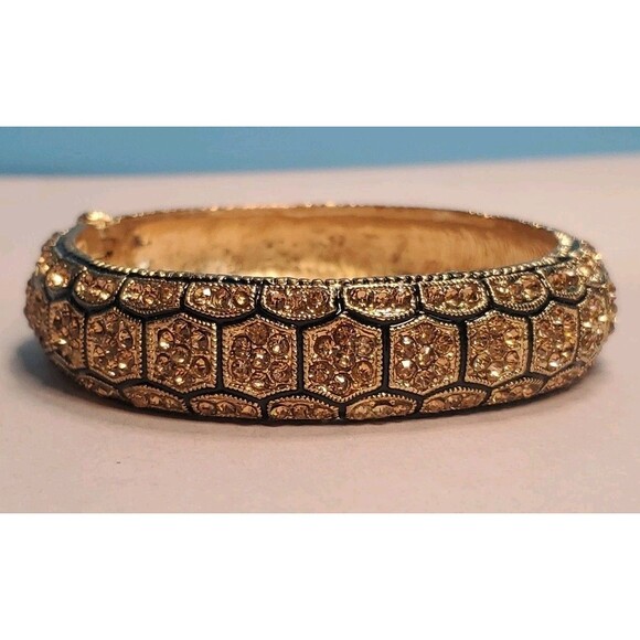 Floral Hinged Bracelet Rhinestones Enamel Gold Tone Statement Jewelry - Picture 1 of 9